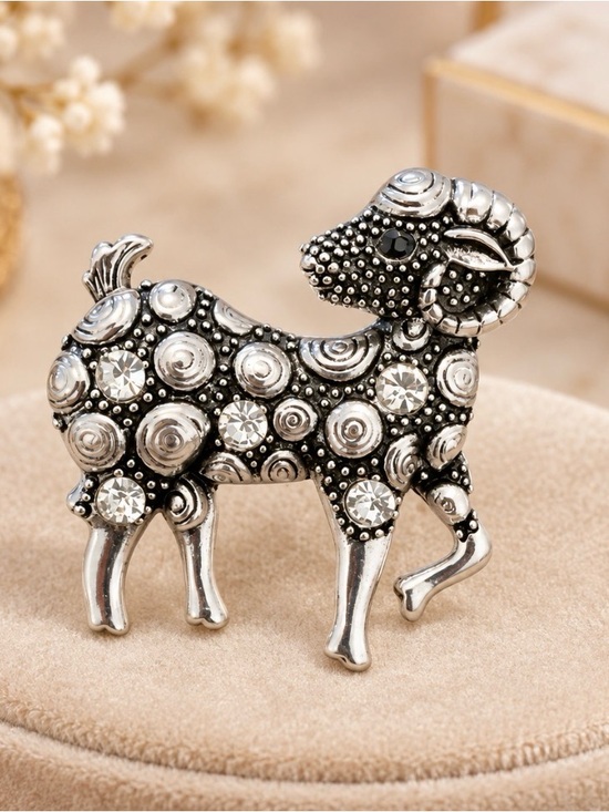 Jewelry - Silver-Tone Crystal Ram Brooch - Decorative Animal Pin